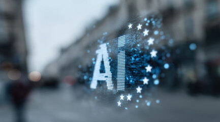 Artificial intelligence hologram projection appears prominently on modern defocused urban street setting.