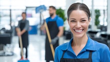 Professional cleaning crew ready to tackle any mess, smiling woman leads the way with confidence, perfect for showcasing hygiene and service excellence