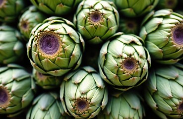 Fototapeta premium Pile of fresh artichokes at farmers market stall. Green artichoke buds are stacked in heap. Healthy mediterranean diet ingredients concept. Raw ripe artichoke vegetables harvest for sale.