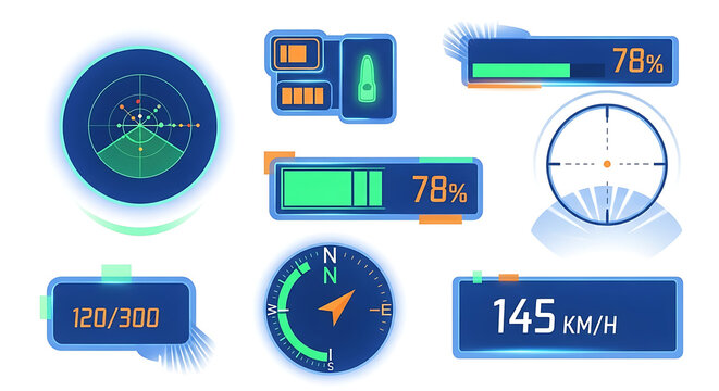 Futuristic hud interface elements radar compass speed battery health target ui design vector illustration
