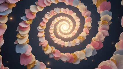 A spiral of pastel colored petals leading to a bright light in the center on a dark background