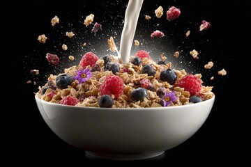 Dynamic milk splash into healthy breakfast cereal with fresh raspberries and blueberries on black background