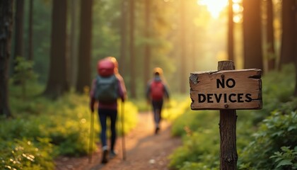 Hikers walk on path in forest with backpacks. Sign shows no device allowed. Tourists enjoy hiking outdoor in woods. Active lifestyle concept. Digital detox, wellness break in wild nature.