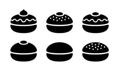 Sufganiya doughnut icon, black silhouette isolated on white. Traditional Hanukkah jelly donut Sufganiyah, stencil style. Vector clipart or png for minimalist Hanukkah design and print.