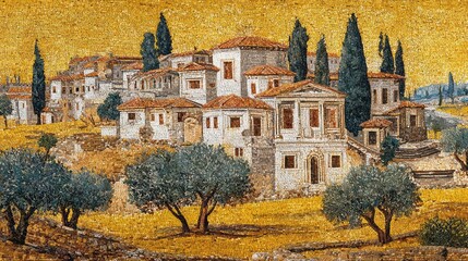 Imagine strolling through a sun-drenched ancient village, captured in a stunning mosaic, with olive trees and cypress trees, perfect for adding classical elegance and timeless beauty to any design