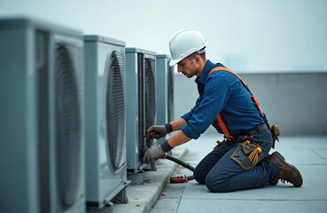 HVAC tech repairs air conditioning unit on building rooftop. Repairman wears hardhat, gloves. Fixes mechanical ventilation, heating system with tool. Pro maintenance of cooling service at job site.