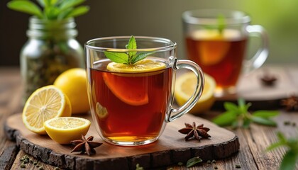 Hot herbal tea with lemon, mint in glass cup on rustic wood table. Healthy citrus beverage with star anise for wellness break. Soothing warm drink infusion for relaxation, health. Homemade natural