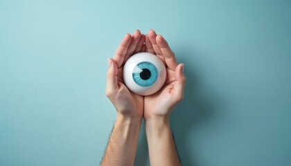 Hands hold big eye ball on blue surface. Symbolizes eye care. Visual system health treatment concept. Optometry and ophthalmology concept. Healthcare for visual acuity. Metaphor for vision.