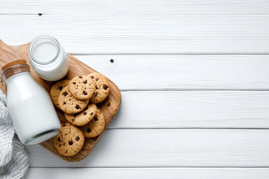 Fresh milk and chocolate chip cookies on a wooden board with white background - Powered by Adobe