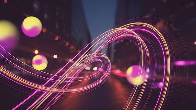 Dynamic neon lights creating vibrant trails through the city night, a modern futuristic vibe perfect for technology and innovation backgrounds