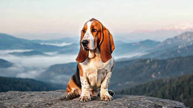 Basset hound sitting on a rock with mountains and fog in the background at the top of a mountain dog video