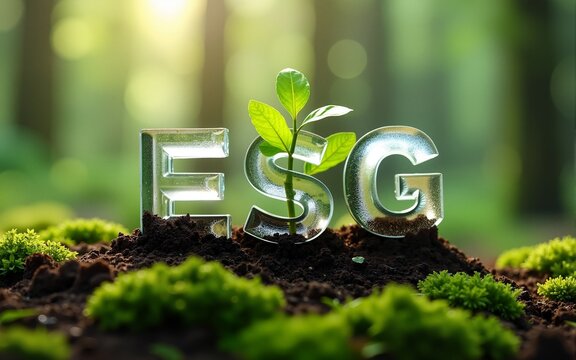 ESG concept for environment, society and governance in sustainable and ethical business. Crystal soil on moss in the forest with environmental symbols. Earth Day and ecology. Keep the world clean. - Powered by Adobe
