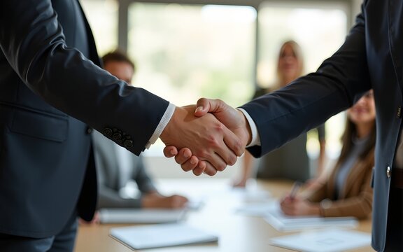 Close up of business people shaking hands over ESG strategic commitment workshop, SDGs report, global warming, green finance investment eco friendly and net zero waste in boardroom training building.