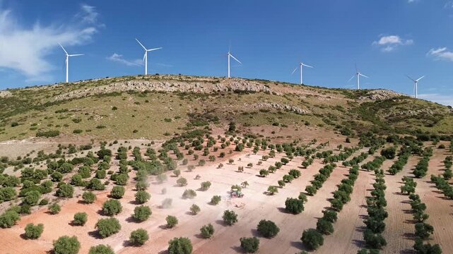 TRACTOR ARANDO CAMPO DE OLIVOS ENTRE MOLINOS EOLICOS
