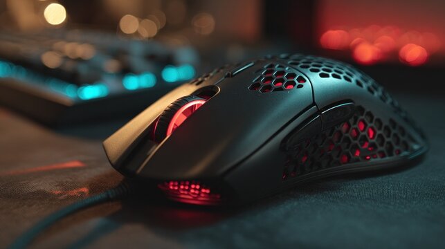High-end gaming mouse with RGB lighting on a sleek desk mat, showcasing intricate design and vibrant colors in a modern gaming setup