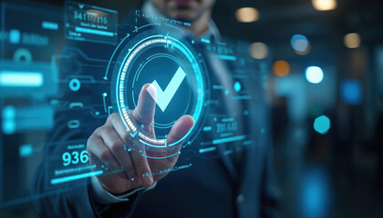 Man interacts with digital check mark through interface. Business person uses tech innovation for approval in management. Modern cyber process displayed on hologram with assurance of safety,