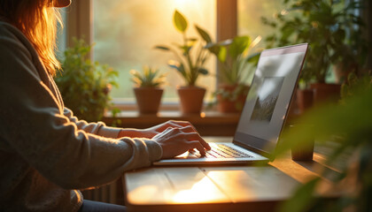 Person types on laptop in indoor plants during golden hour sunlight. Work from home setup with greenery and warm light creates calm, focused atmosphere for productive task.