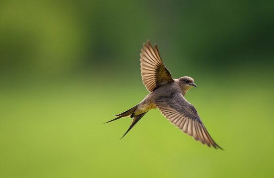 Common swift bird soars through open sky over green field, wings spread wide. Small brown avian with forked tail in mid flight, natural background, motion blurred.