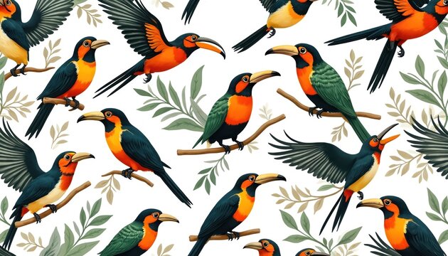 Vibrant pattern diverse tropical birds. Exotic avian creatures sit on tree branches fly with spread wings freely. Colorful stylized fauna adorns bright white background with green foliage elements.