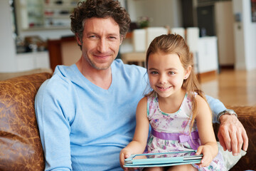 Education, portrait and tablet with family on sofa in living room of home together for child development. App, gaming or learning with happy dad and daughter in apartment for bonding or study