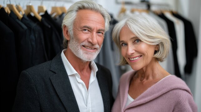 Elderly couple smiling while shopping in a stylish boutique, surrounded by elegant clothing displays and a warm urban atmosphere with copy space