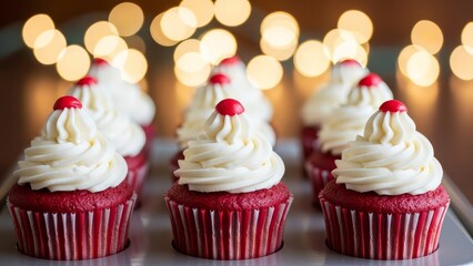 A close up of red velvet cupcakes with white frosting and red candy on top in a row with lights