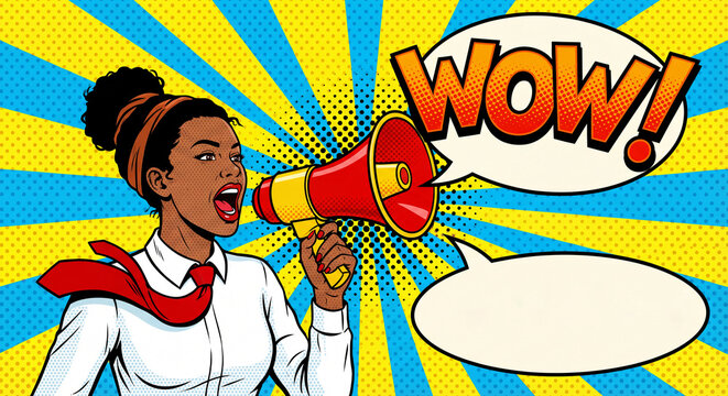 African American Woman Shouting with Megaphone in Pop Art Comic Style with Wow Speech Bubble and Dynamic Background Illustration. Marketing Announcement Concept Poster.