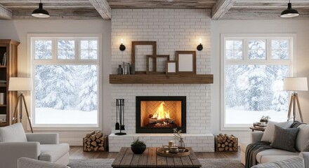 Minimal white living room interior decorated with modern fireplace wooden accents and snowy forest visible through wide windows. Winter home concept