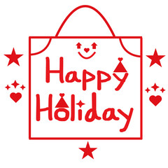 Hand-drawn Happy Holiday Stamp Vector. Cute doodle design with festive bag frame, stars, and heart elements. Perfect for Xmas labels, gift tags, and festive prints. Customizable vector.