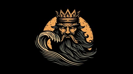 Obraz premium Fierce Sea King with Crown and Wave in Vintage Style mythology beard Photo