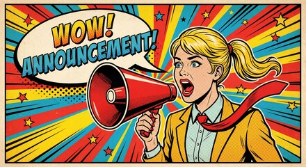 Blonde Woman Man Shouting with Megaphone in Pop Art Comic Style with Wow Speech Bubble and Dynamic Background Illustration. Marketing Announcement Concept Poster.