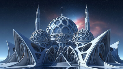 Futuristic mosque with domes and minarets against a starry night sky with a colorful nebula