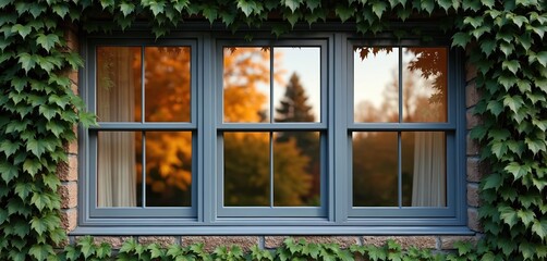 Modern sash window frames a brick wall draped in ivy. Reflected trees show autumn colors through glass panes. Daylight filters through sheer curtains indoors.