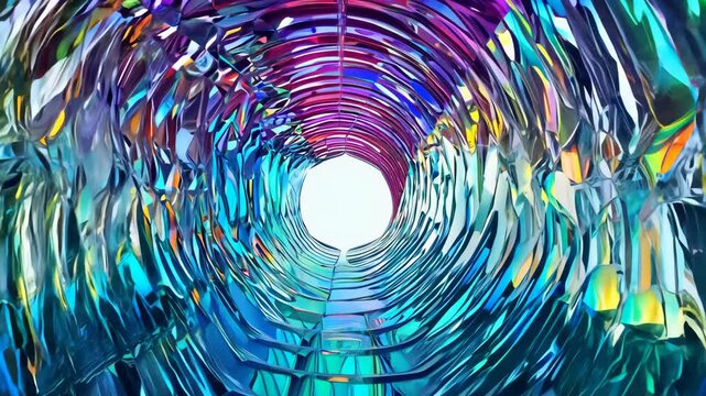 Dynamic kaleidoscopic tunnel with colorful reflective patterns leading to a bright white exit. 4k Video footage.
