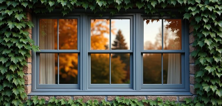Modern sash window frames a brick wall draped in ivy. Reflected trees show autumn colors through glass panes. Daylight filters through sheer curtains indoors.