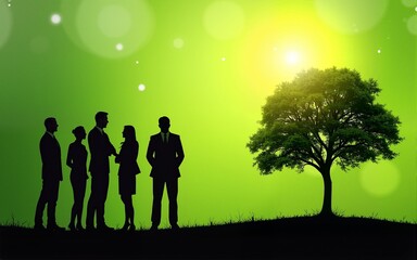 Business Team Silhouette with Green Tree Background for Environmental Growth and Finance Concepts. High quality