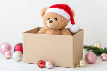Cute brown teddy bear with a Santa hat in a gift box surrounded by sparkling Christmas ornaments, symbolizing holiday joy, childhood memories, and the spirit of seasonal giving