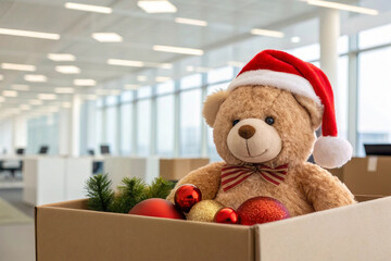 A charming teddy bear wearing a Santa hat sits in a cardboard donation box with festive ornaments for a holiday toy drive in a modern office