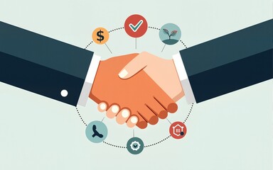 Business handshake partnership with procurement icons. Professional agreement concept poster suitable for corporate presentations and marketing campaigns. Sustainable procurement. Vector illustration