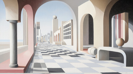 Abstract Geometric Cityscape with Op Art Patterns and Vibrant Colors Under a Bright Sky