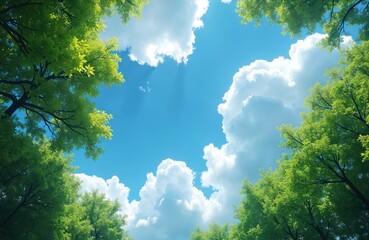 Sky view through the tops of green trees. Clouds are floating. Blue sky, sunny weather. Fresh summer foliage and fluffy clouds. Beautiful nature calm background. Serene landscape wallpaper photo.