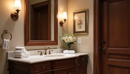 Fototapeta premium Elegant bathroom interior with dark wood vanity, marble countertop. White towels stacked on counter. Brass faucet, lighting fixtures. Large mirror above sink. White flowers in vase on counter. Gold
