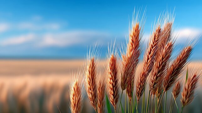 Close-up of wheat stalks with a blurred field and blue sky in the background. The image evokes a sense of nature and harvest.