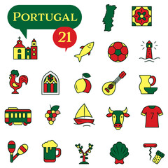 National icons with outlines about Portugal, specifically about its culture, architecture, and traditions.