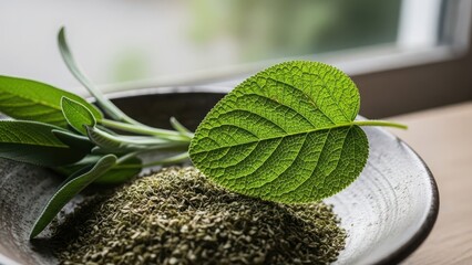 Fresh green mint leaves and dried mint herb in a dark bowl near a window with soft natural light