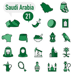 National icons with outlines Saudi Arabia about culture, architecture, and traditions.
