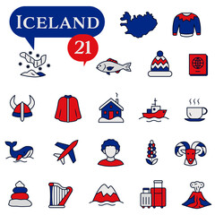 National icons with outlines Iceland about culture, architecture, and traditions.