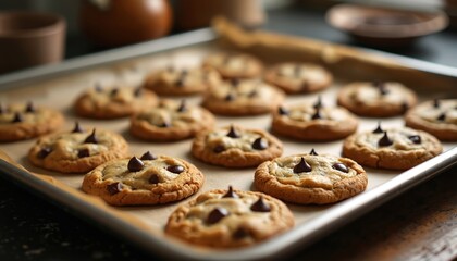 Baking sheet full of fresh golden brown chocolate chip cookies rests on wooden kitchen table. Warm homemade biscuits with sweet chocolate chips ready to eat from hot oven. Delicious pastry food