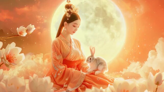 Video A woman holds a rabbit in a colorful flower field, great for nature or spring theme ry