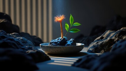 A single glowing orange flower emerges from dark soil in a shallow bowl surrounded by rough dark rocks and soft light
